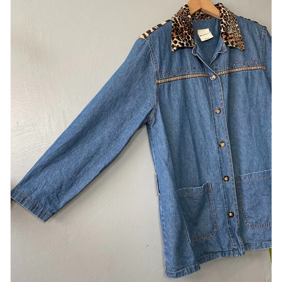 Vintage Brandon Y Size 8 Blue Jean Denim Jacket Leopard Print Faux Fur Collar - Picture 2 of 7